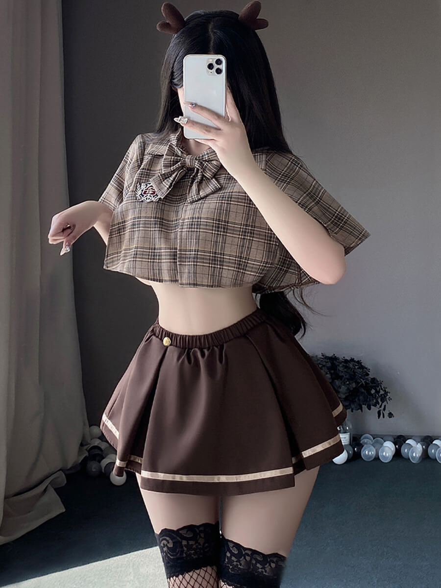 Vintage Brown Plaid Skirt Set