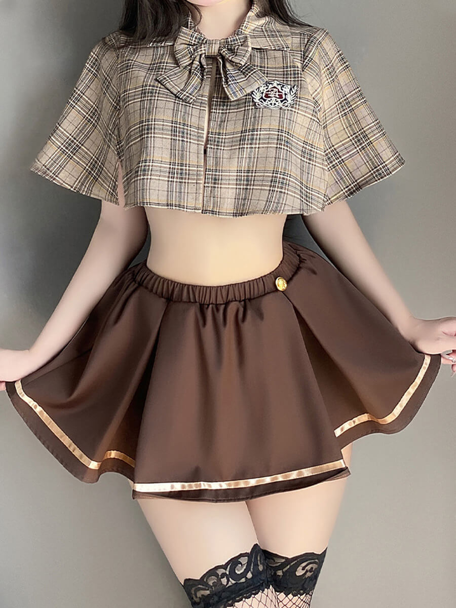 Vintage Brown Plaid Skirt Set