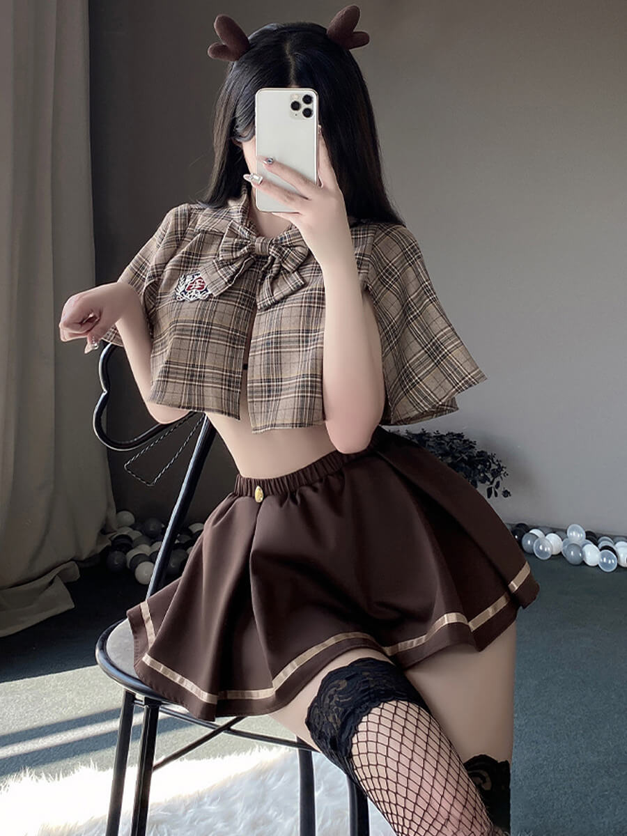 Vintage Brown Plaid Skirt Set