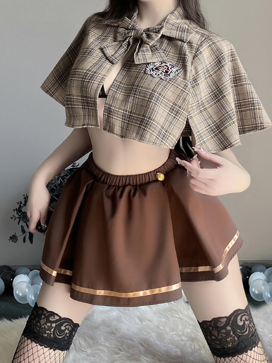 Vintage Brown Plaid Skirt Set