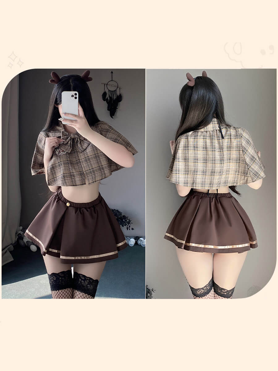 Vintage Brown Plaid Skirt Set