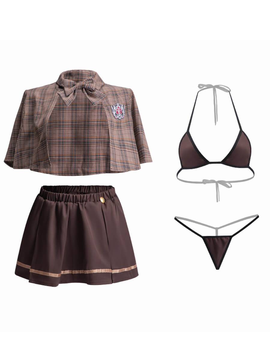 Vintage Brown Plaid Skirt Set