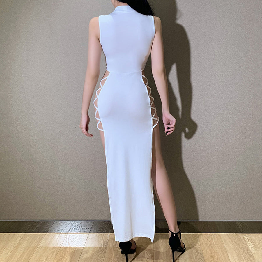 Sexy Crisscross Lace-up Cut Out Dresses for Women Mock Neck High Slit Bodycon Maxi Dress