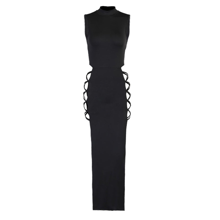 Sexy Crisscross Lace-up Cut Out Dresses for Women Mock Neck High Slit Bodycon Maxi Dress