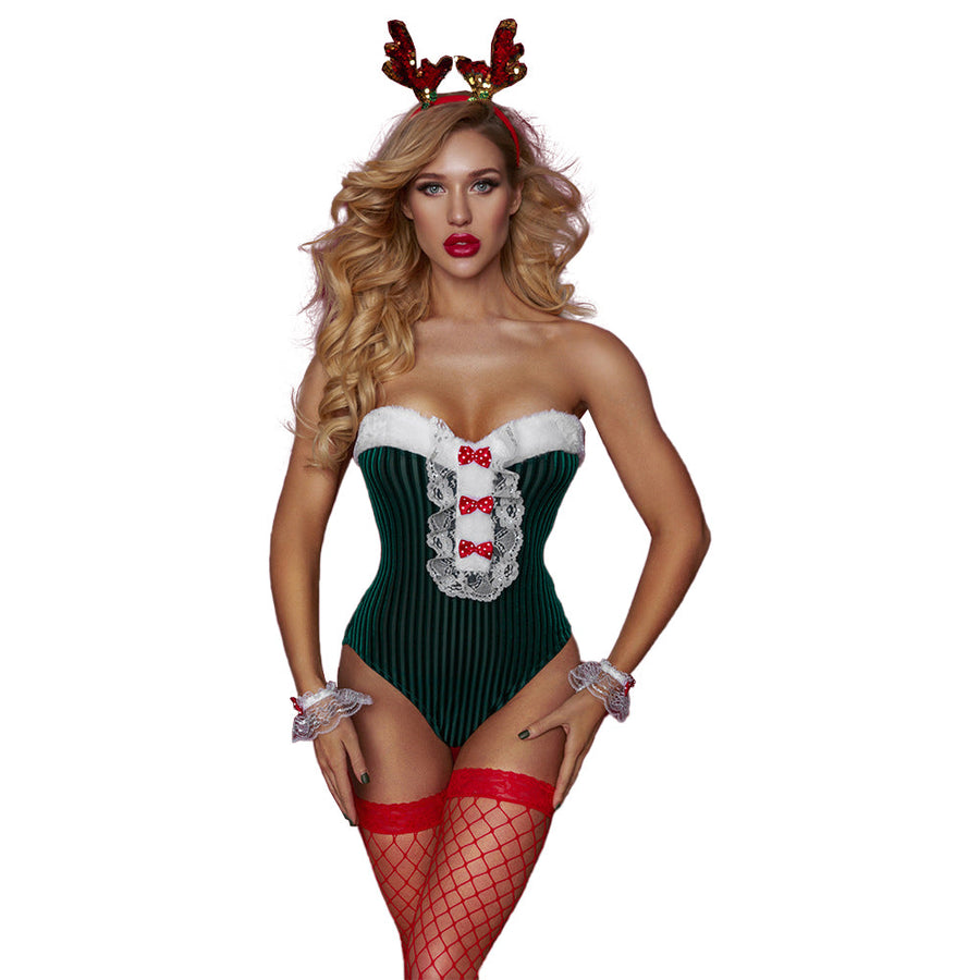 Sexy Elf Bodysuit Mrs Claus Naughty Costume Velvet Off Shoulder Green Christmas One Piece Outfit