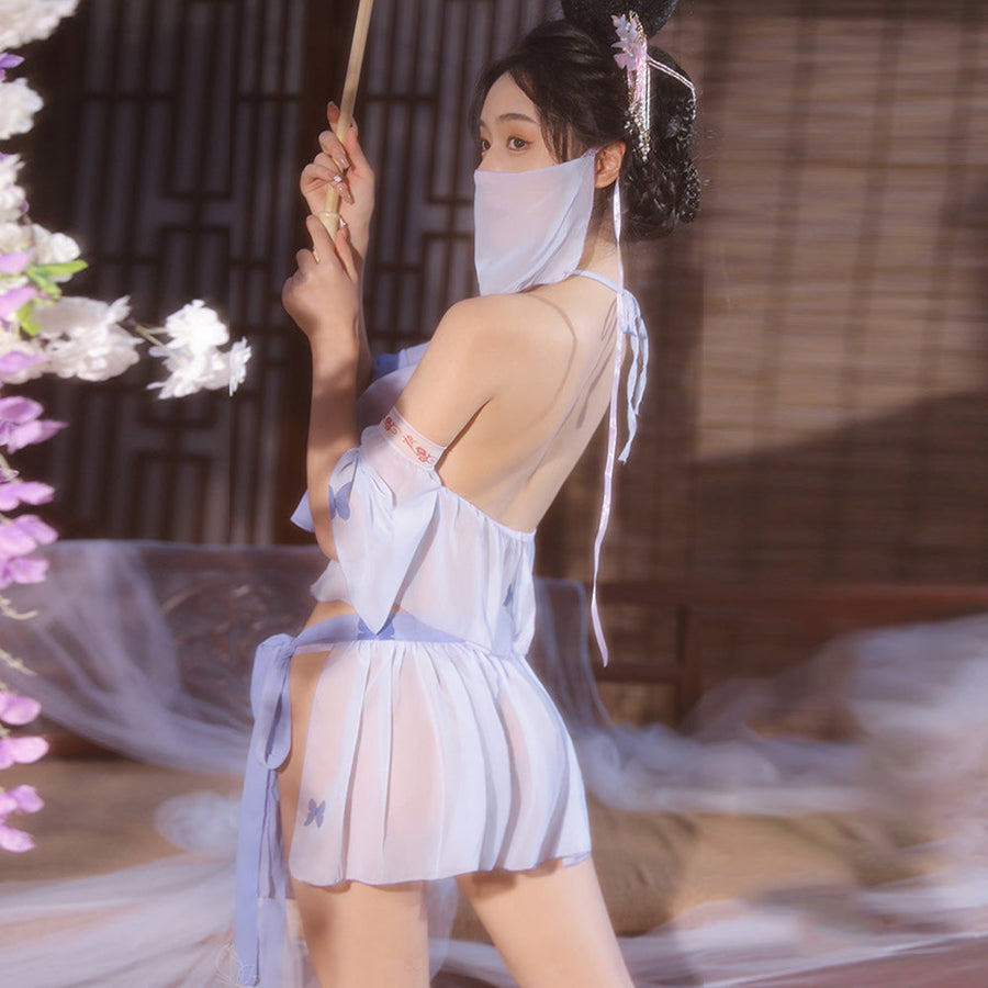 Sexy Chinese Elf Costume Purple Vintage Chiffon Halter Crop Top Slit Skirt and Panty