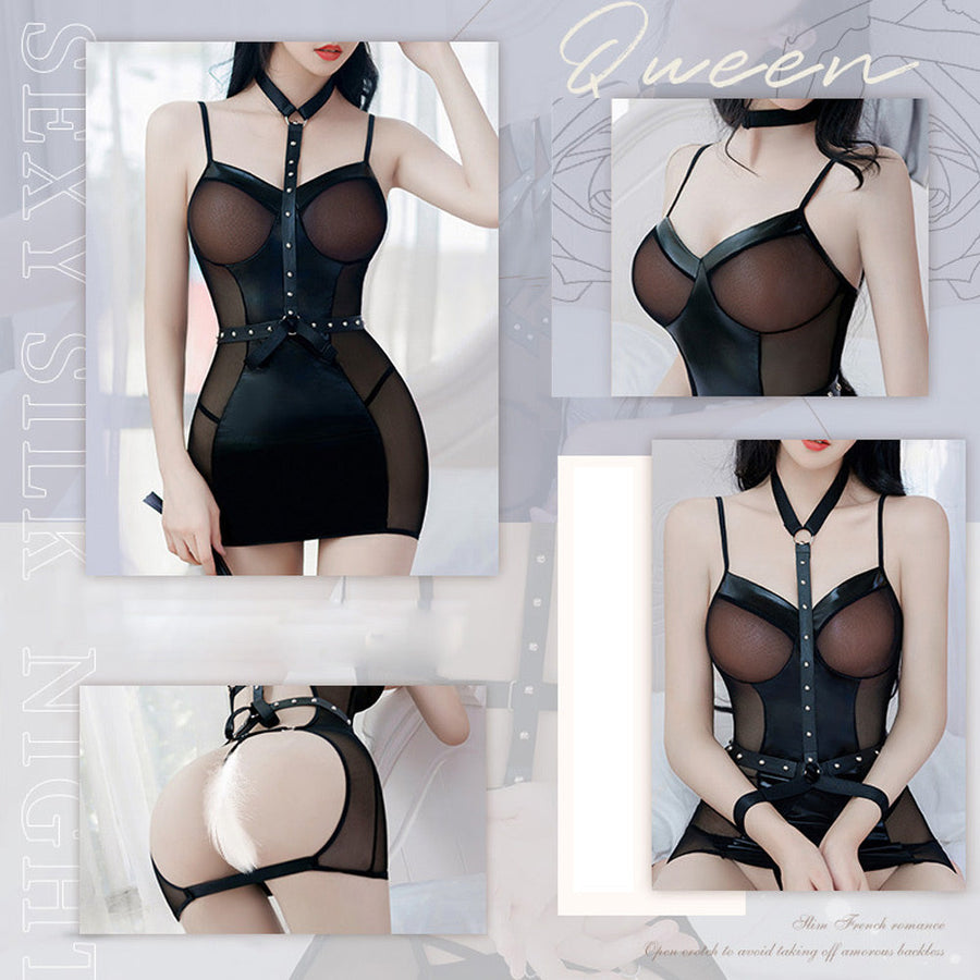 Sexy Exotic Lingerie Set Wet Look Bodycon Dress with Harness Sheer Mesh Backless Lingerie Dress