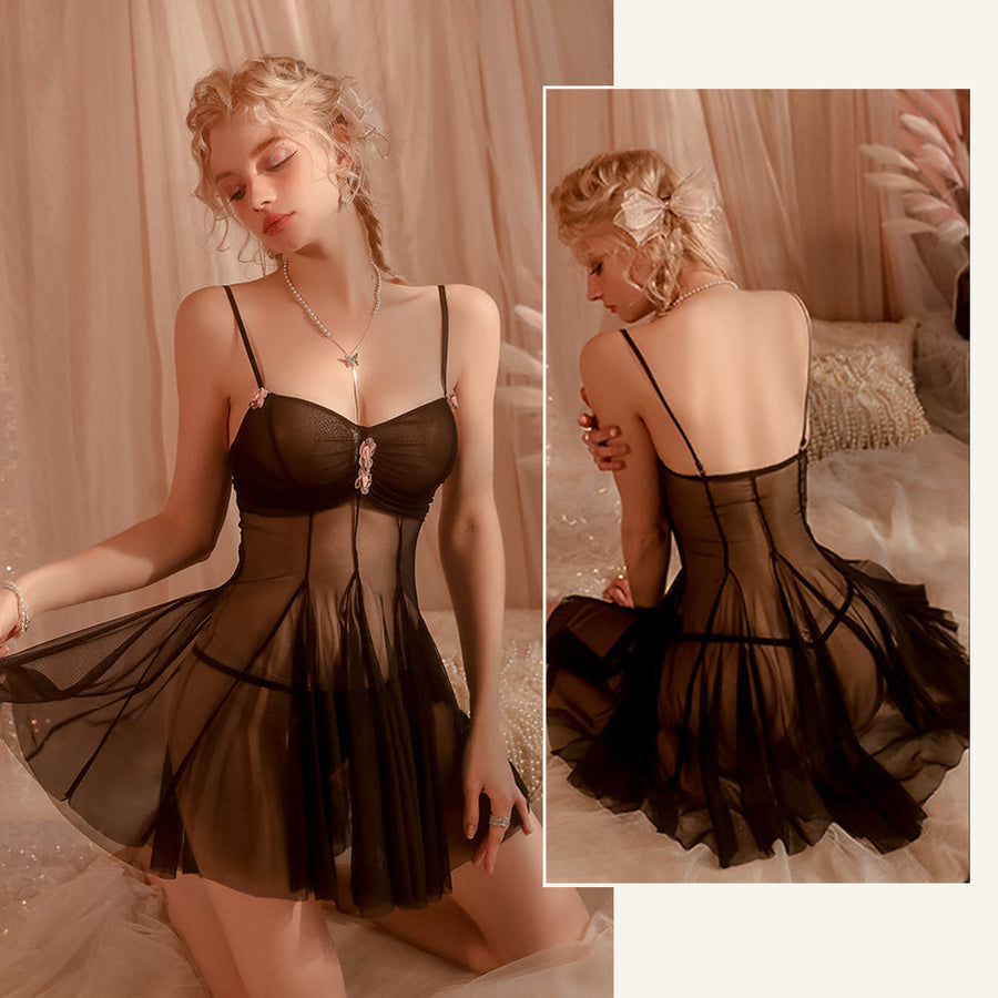 Sexy Fairy Babydoll Set Sheer Mesh Ruched Bridal Cami Lingerie Dress