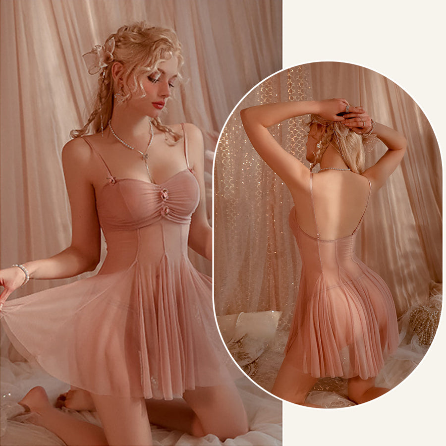 Sexy Fairy Babydoll Set Sheer Mesh Ruched Bridal Cami Lingerie Dress