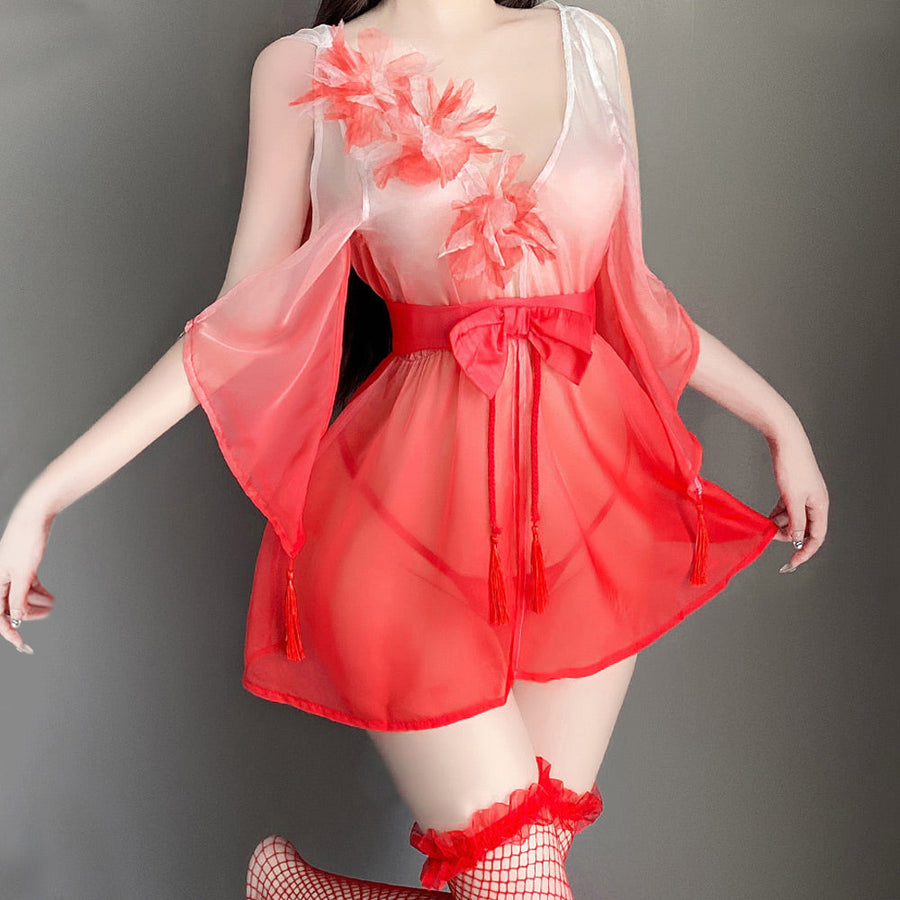 Sexy Kimono Lingerie Dress Japanese Anime Robes 3D Floal Sheer Mesh Cosplay Outfit