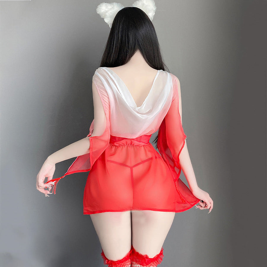 Sexy Kimono Lingerie Dress Japanese Anime Robes 3D Floal Sheer Mesh Cosplay Outfit