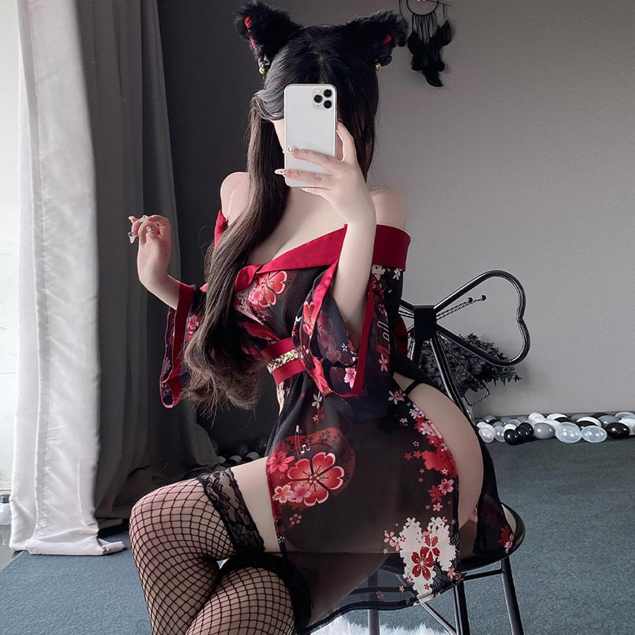 Sexy Kimono Lingerie Anime Japanese Geisha Costume Sheer Floral Cosplay Lingerie Dress