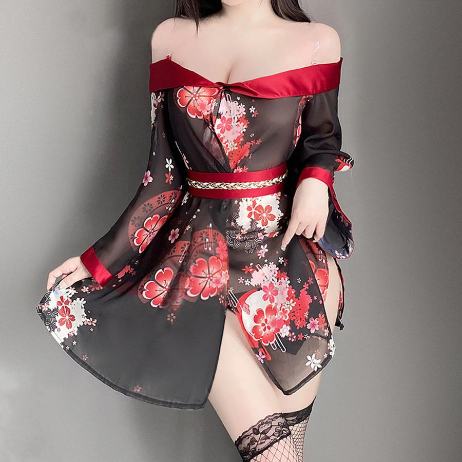 Sexy Kimono Lingerie Anime Japanese Geisha Costume Sheer Floral Cosplay Lingerie Dress