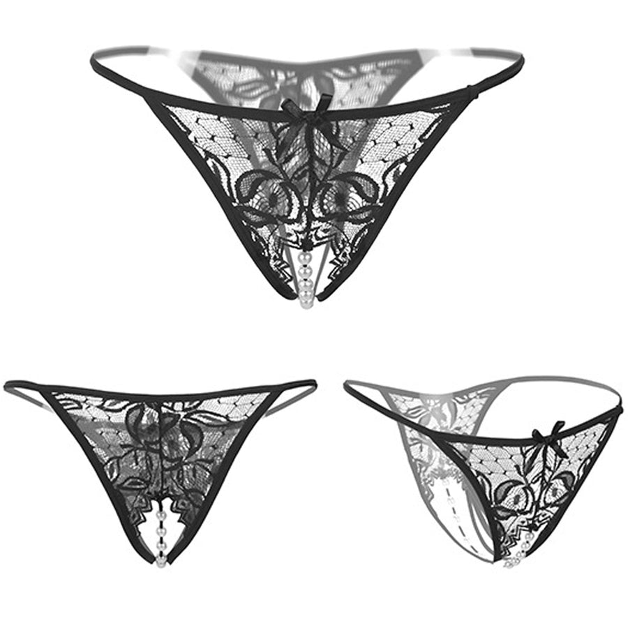 Sexy Lace G-String Thong with Pearls Ball Crotchless Briefs Panty