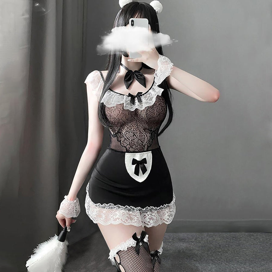 Yomorio Sexy Maid Costume Black Maid Anime Lingerie Lace Trim Cosplay Babydoll Outfits