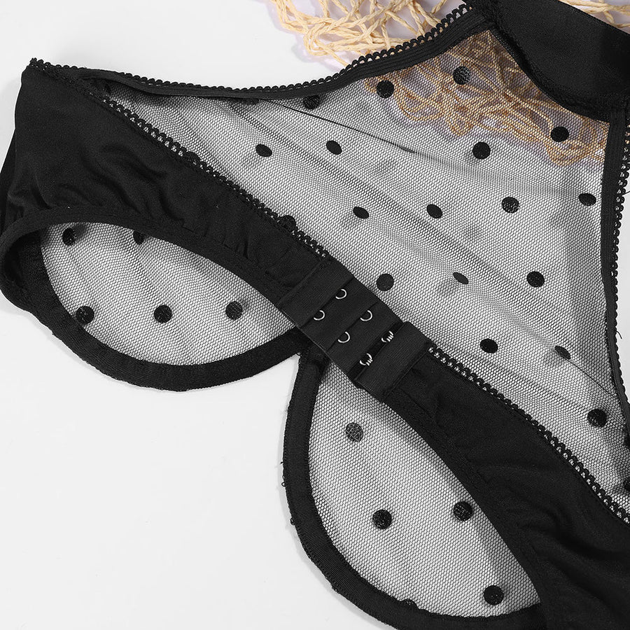 Sexy Mesh Crop Top See Through Lace Polka Dot Bra Set with Satin Ribbon