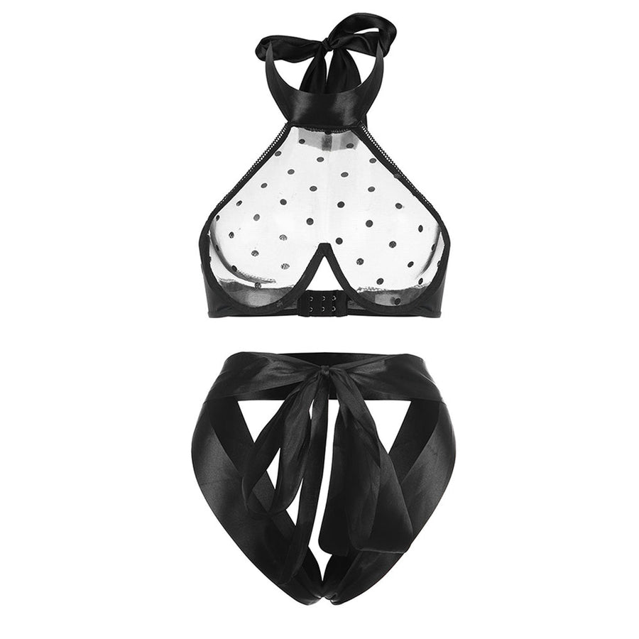 Sexy Mesh Crop Top See Through Lace Polka Dot Bra Set with Satin Ribbon