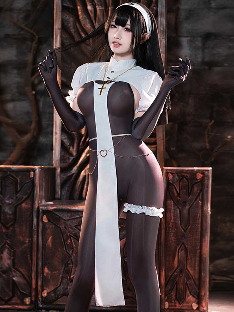 Sexy Nun Open Crotch Bodystocking Set