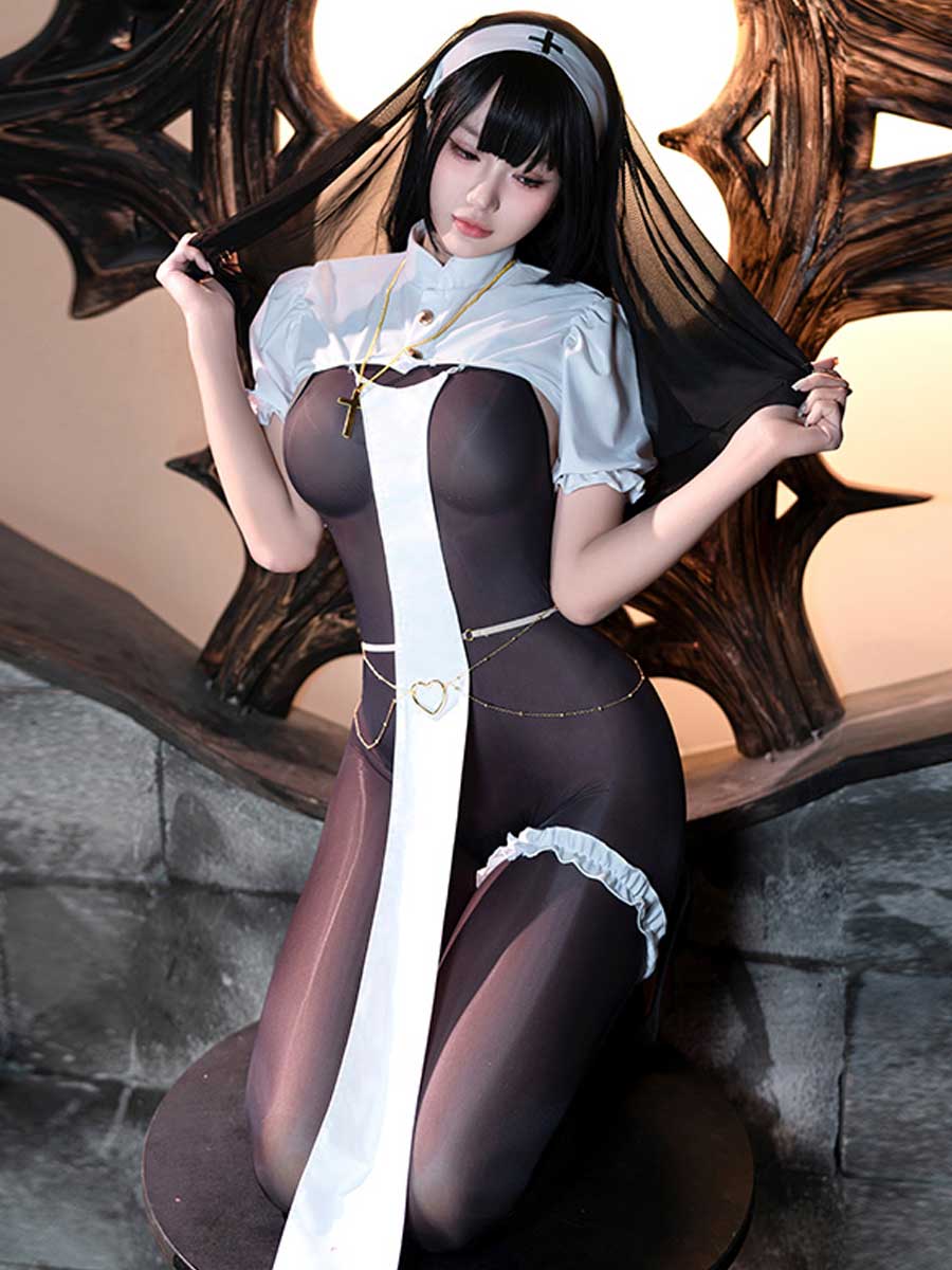 Sexy Nun Open Crotch Bodystocking Set