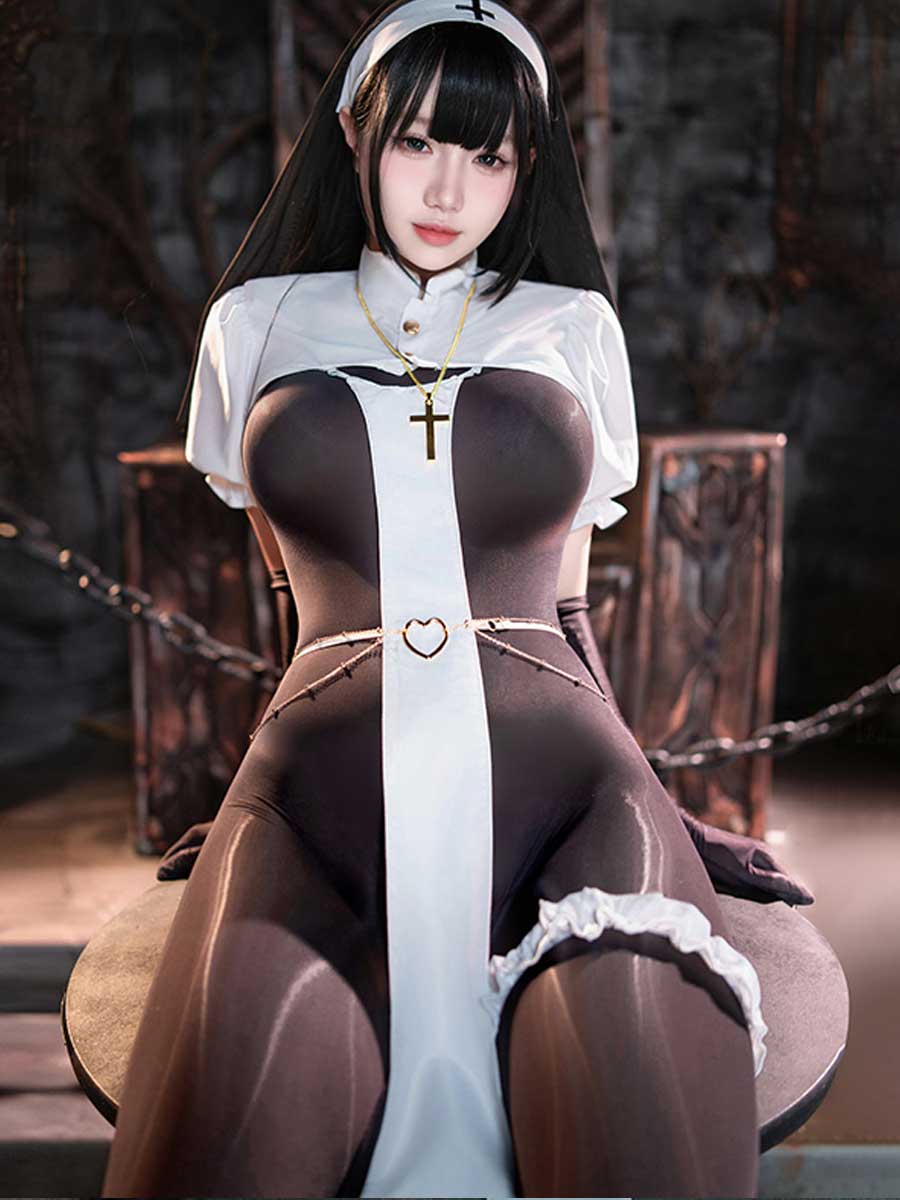 Sexy Nun Open Crotch Bodystocking Set