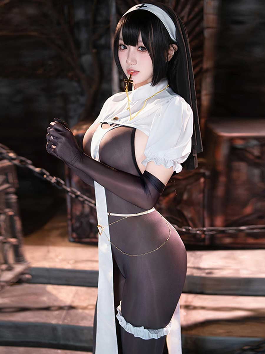 Sexy Nun Open Crotch Bodystocking Set