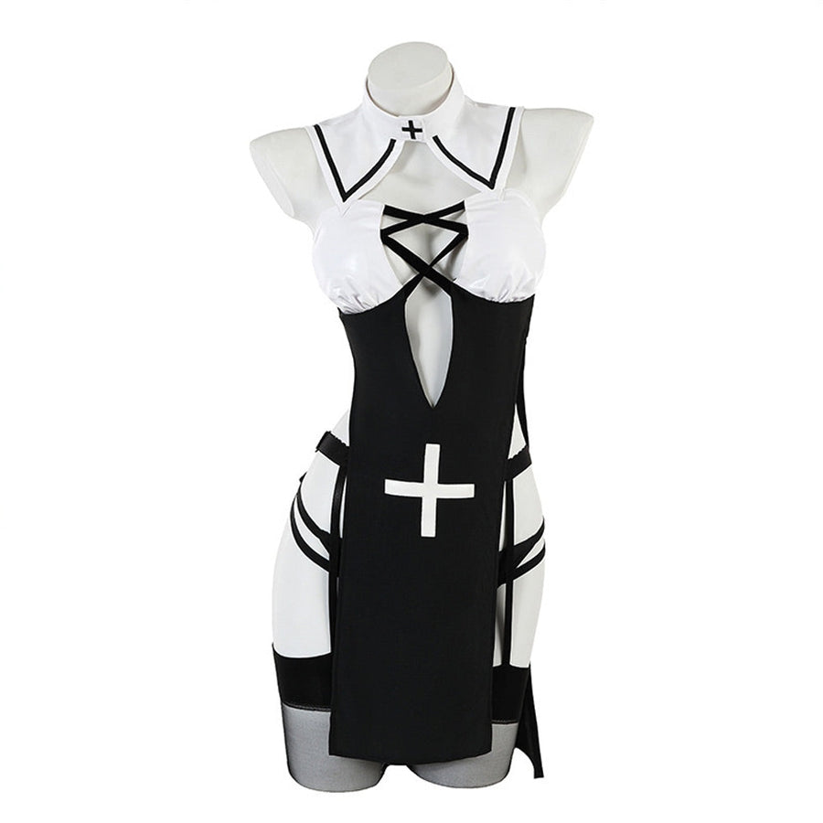 Sexy Nun Costume Nun Habit Cosplay Outfit High Slit Lingerie Dress with Habit Nun Veil