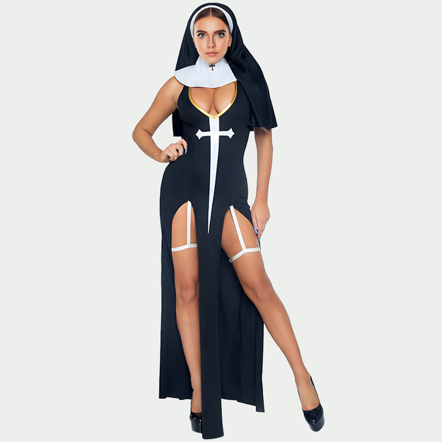 Sexy Nun Costume Nun Habit Cosplay Outfits Black Scary Sinner Halloween Costumes