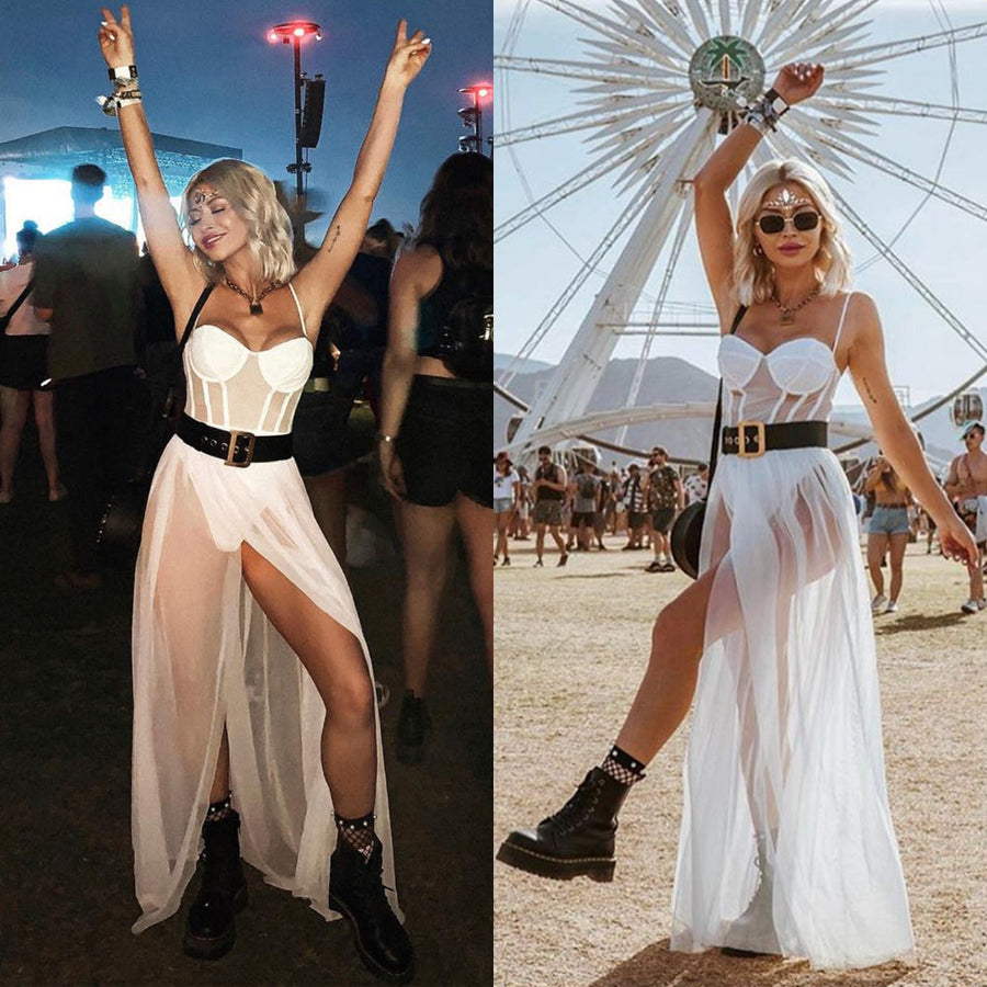 Sexy Sheer Dress See Through Corset Dress Spaghetti Straps High Slit Maxi Dress
