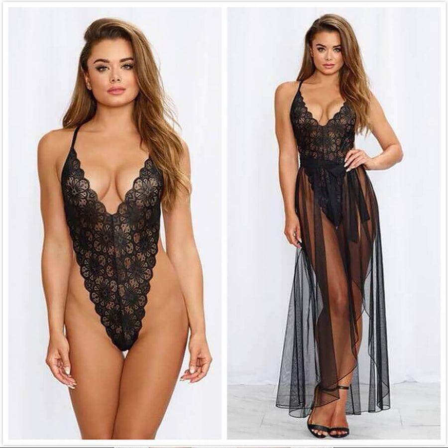 Sexy See Through Long Lingerie Dress Backless Bodysuit with Sheer Skirt Deep V-neck Lace Maxi Dress