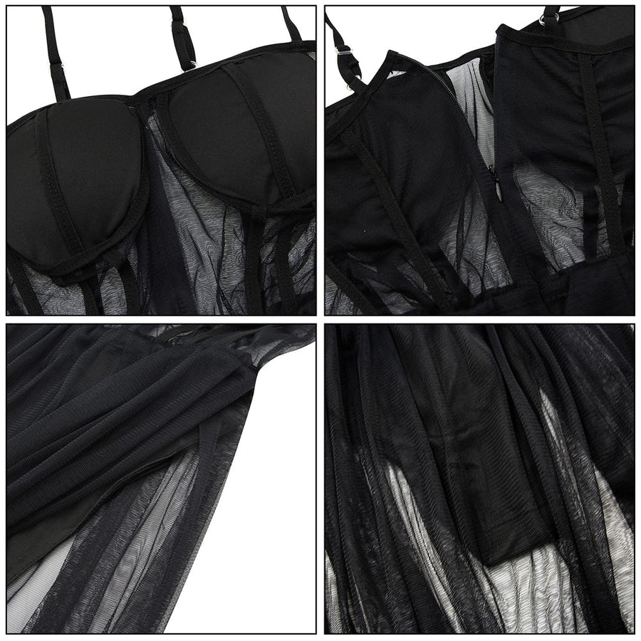 Sexy Sheer Dress See Through Corset Dress Spaghetti Straps High Slit Maxi Dress