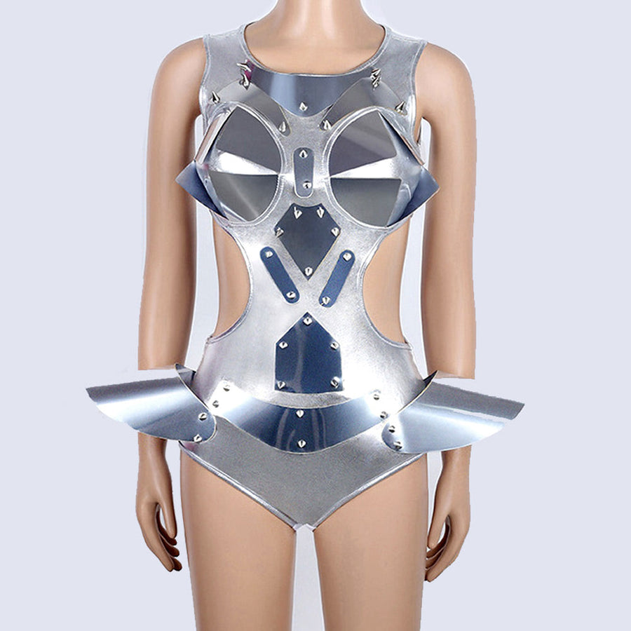 Sexy Space Cadet Costume Adult Astronaut Cosplay Costume Metallic Silver Rave Outfit