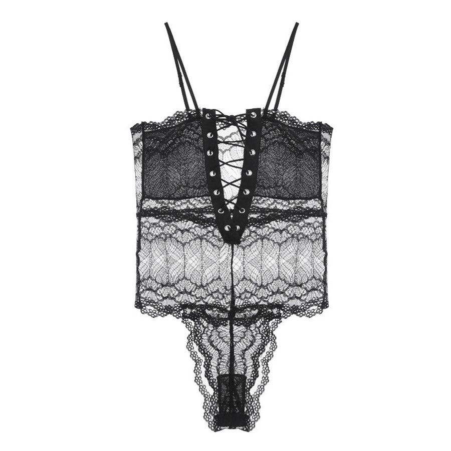 Sheer Lace Teddy Lingerie Grommet Lace Up Snap Crotch Bodysuit