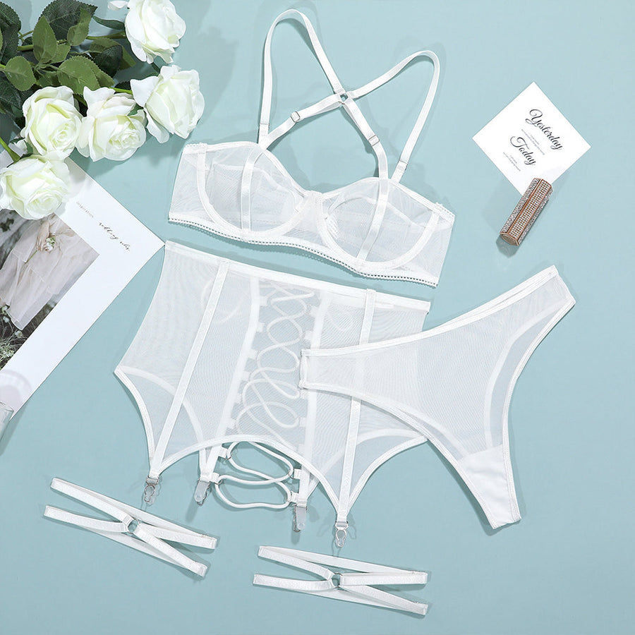 Sheer Mesh Garter Bar Set Criss Cross Strappy Garter Belt Bra and Panty