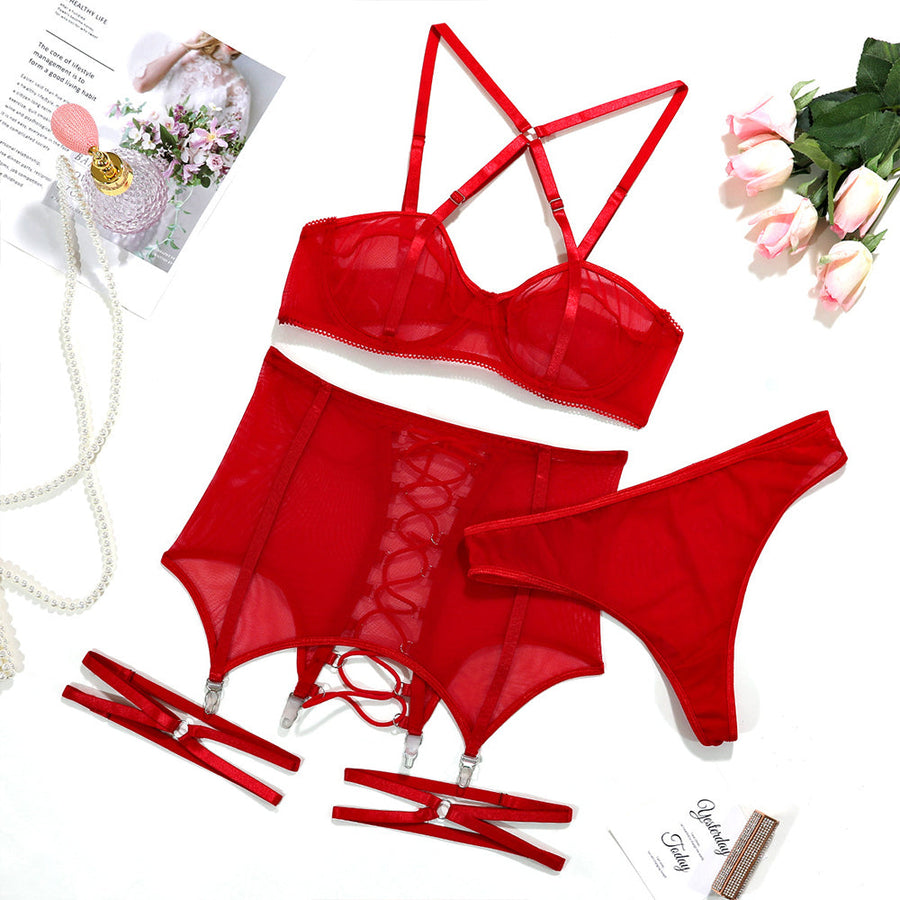 Sheer Mesh Garter Bar Set Criss Cross Strappy Garter Belt Bra and Panty