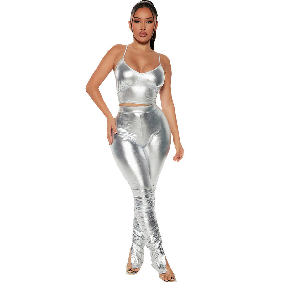 Silver Metallic Two Piece Set Shiny Clubwear Cami Top and Ruched Long Pants Rave Festival Outfit