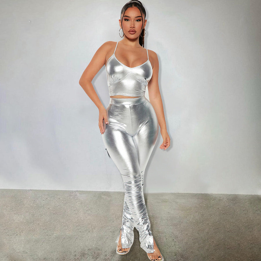 Silver Metallic Two Piece Set Shiny Clubwear Cami Top and Ruched Long Pants Rave Festival Outfit