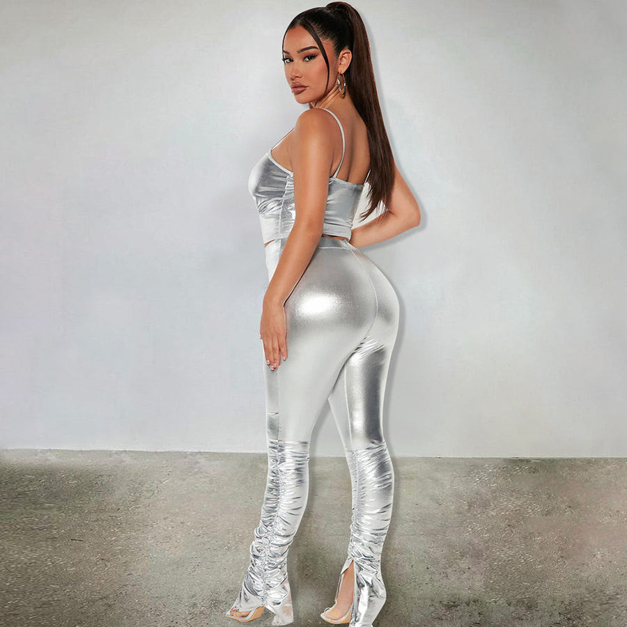 Silver Metallic Two Piece Set Shiny Clubwear Cami Top and Ruched Long Pants Rave Festival Outfit