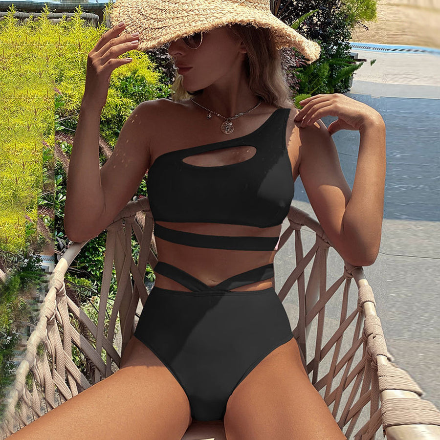 Solid Bathing Suit One Shoulder Cut Out Bikini Top and High Waisted Bathing Bottom