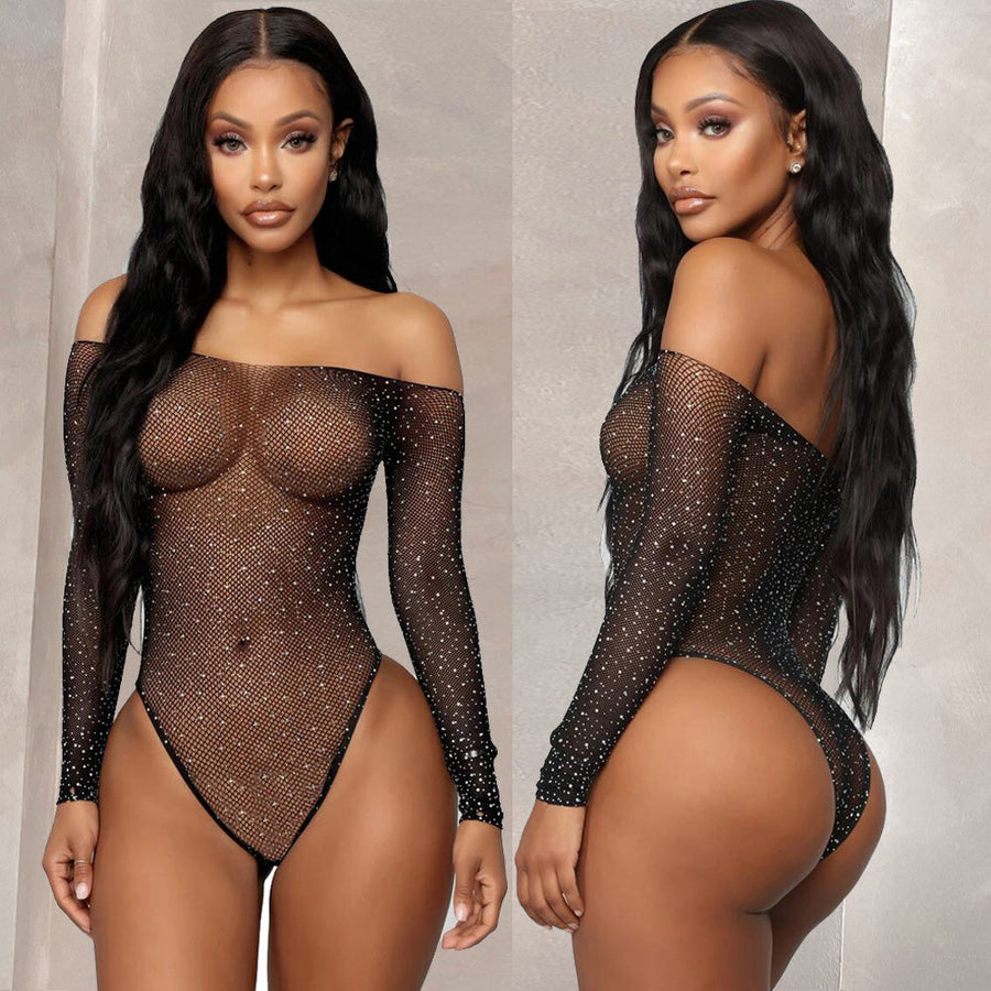 Sexy Lingerie Fishnet Bodysuit for Women Sparkle Rhinestone Mesh Teddy Lingerie