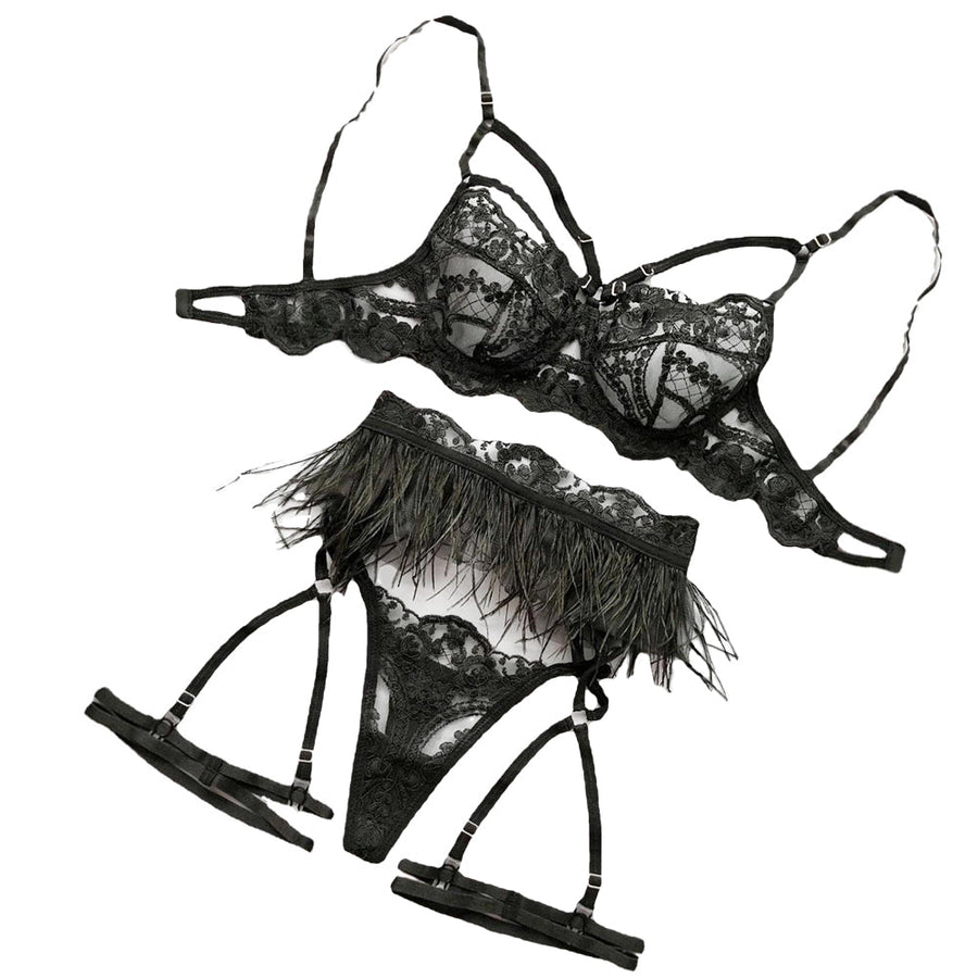 Strappy Lace Bra Set 3 Piece Floral Embroidery Bra Feather Trim Garter Belt and Panty