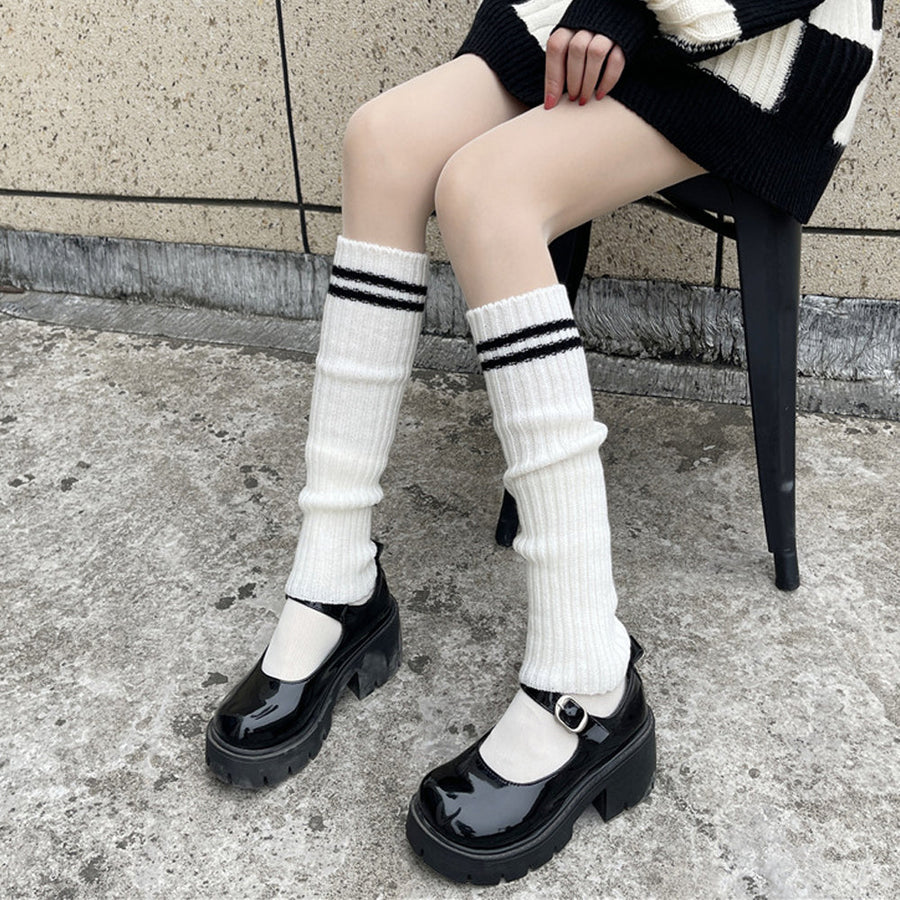 Striped Knee High Socks Rib Knit Tube Stockings Slouchy Crew Sock