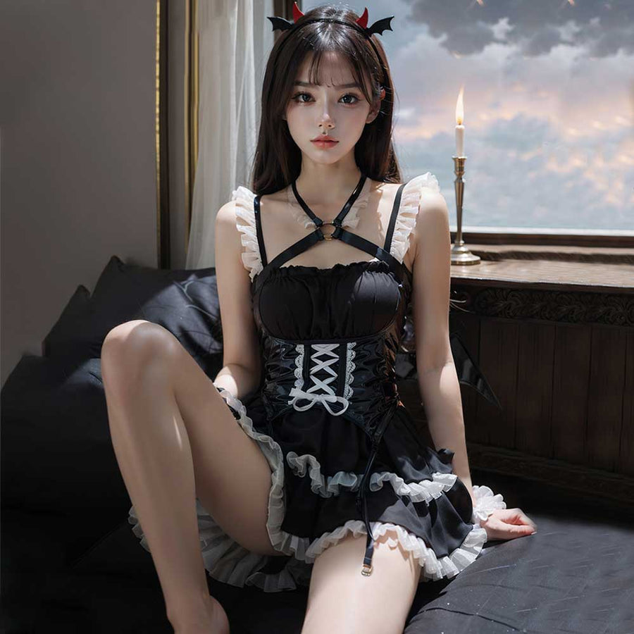 Succubus Little Devil Cosplay Costume Sleeveless Lolita Dress with Latex Wing Corset