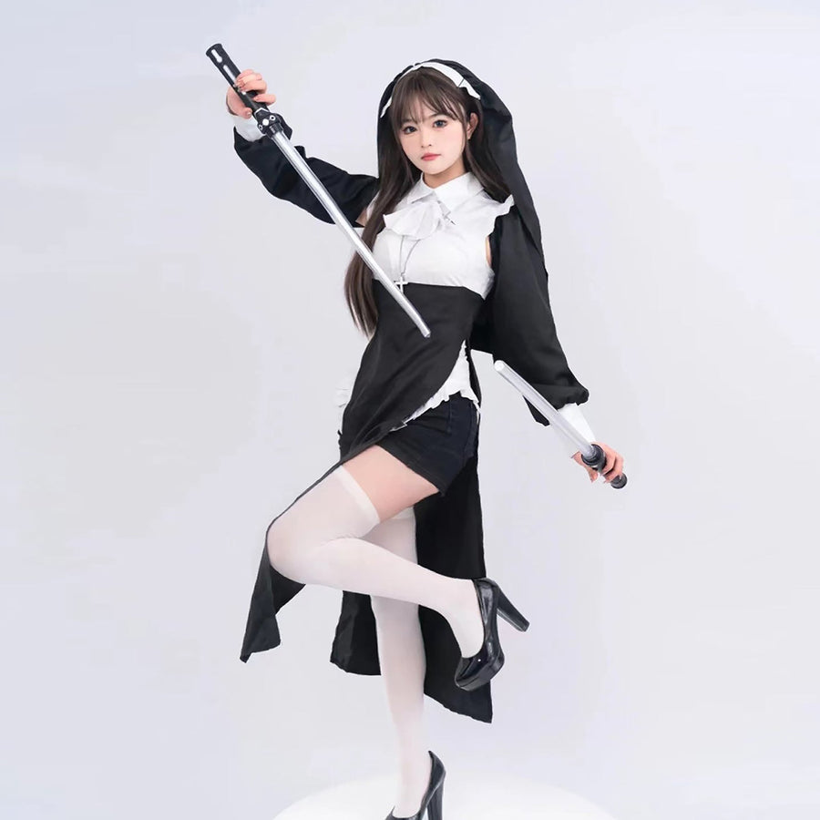 Sultry Nun Costume Habit Nun Halloween Cosplay Outfit Black Adult Fancy Dress Costume