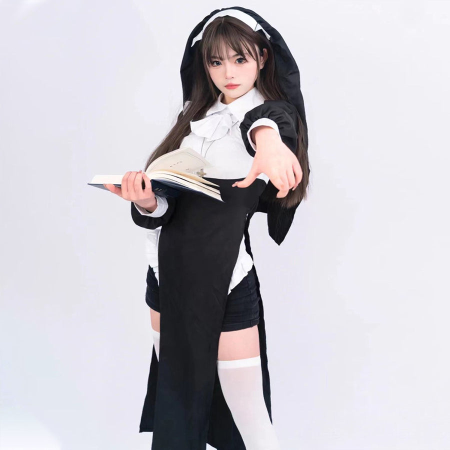 Sultry Nun Costume Habit Nun Halloween Cosplay Outfit Black Adult Fancy Dress Costume