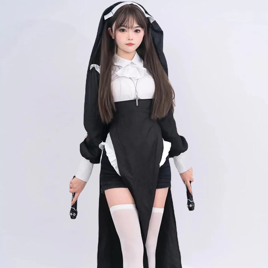 Sultry Nun Costume Habit Nun Halloween Cosplay Outfit Black Adult Fancy Dress Costume