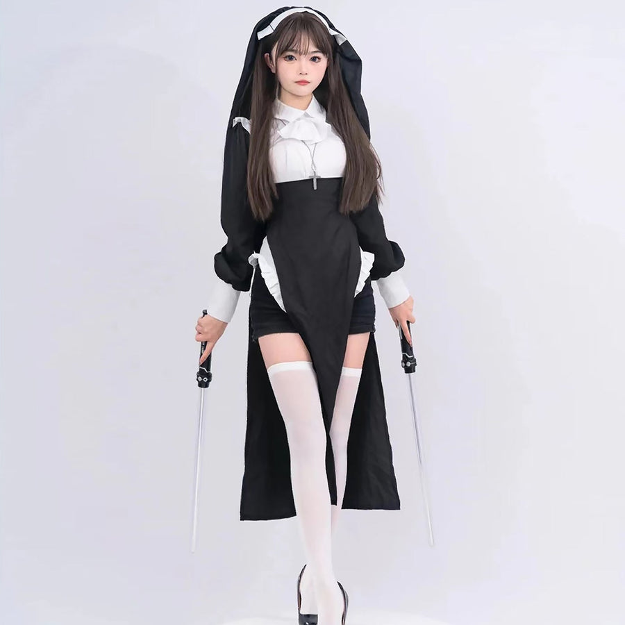 Sultry Nun Costume Habit Nun Halloween Cosplay Outfit Black Adult Fancy Dress Costume