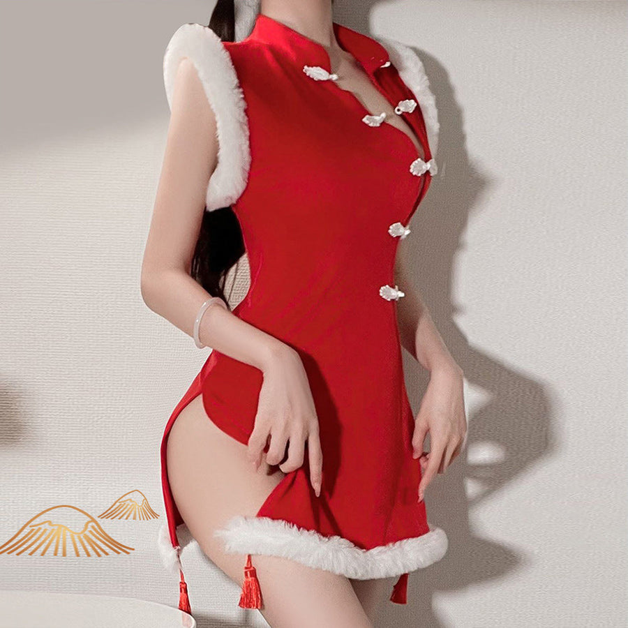 Sexy Chinese Lingerie Cheongsam Vintage Asian Qipao Red Lace Up Backless Dress