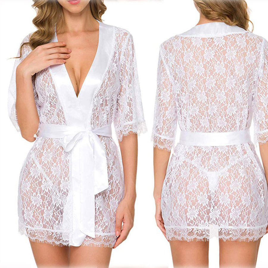 Women Lace Robe Sheer Mesh Babydoll Lingerie Sexy Kimono Nightgown