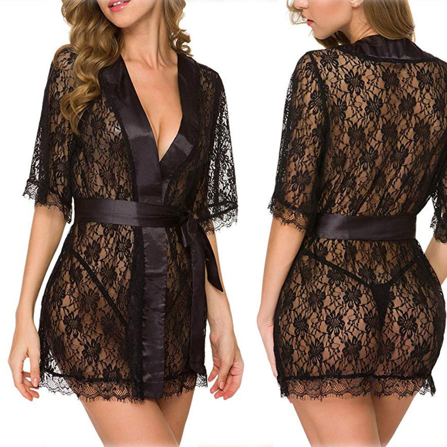 Women Lace Robe Sheer Mesh Babydoll Lingerie Sexy Kimono Nightgown