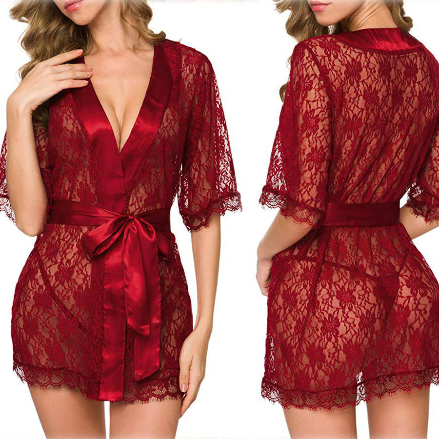 Women Lace Robe Sheer Mesh Babydoll Lingerie Sexy Kimono Nightgown